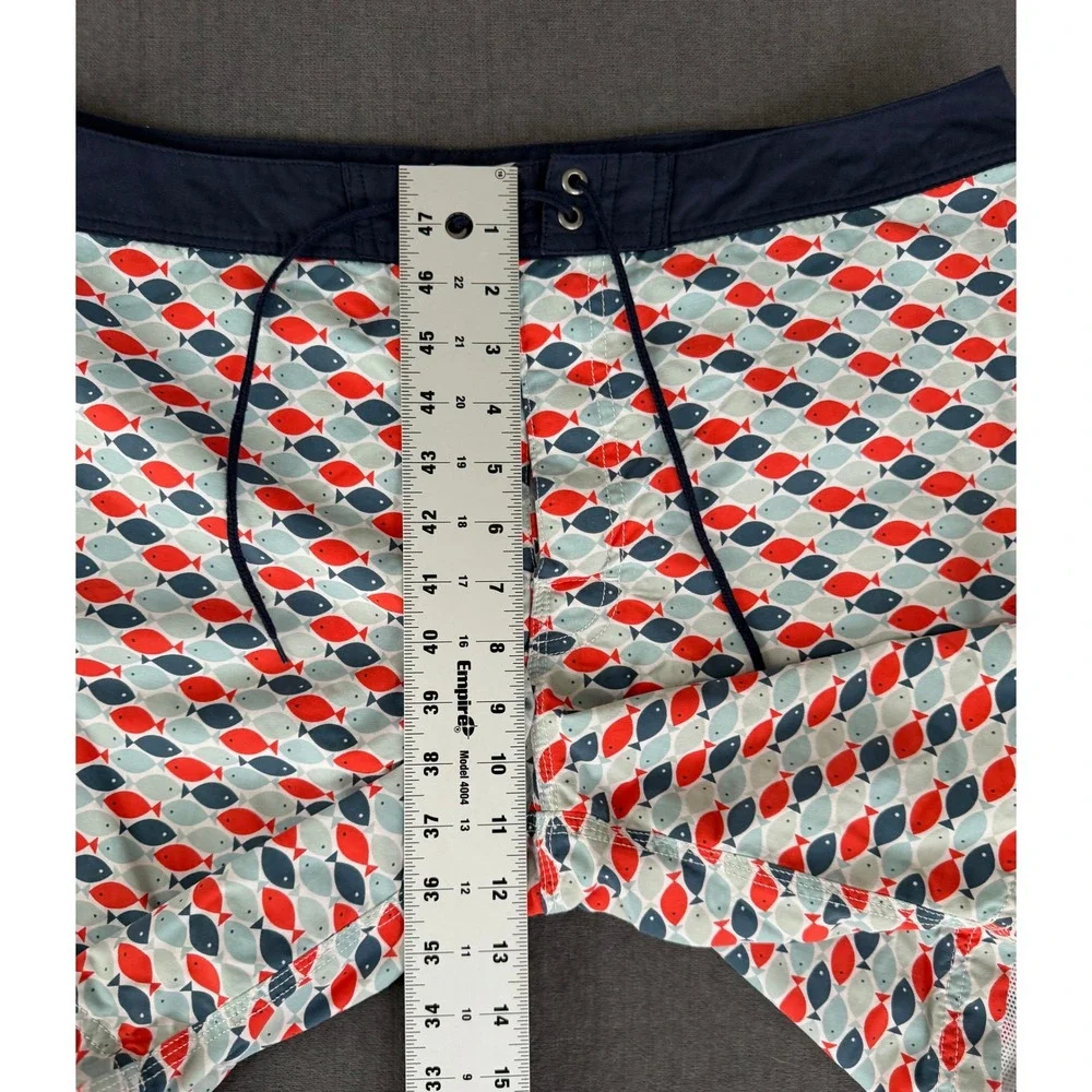 J. Crew Swim Trunks Mens Size 35 Fish Print Navy Blue Drawstring Board Shorts